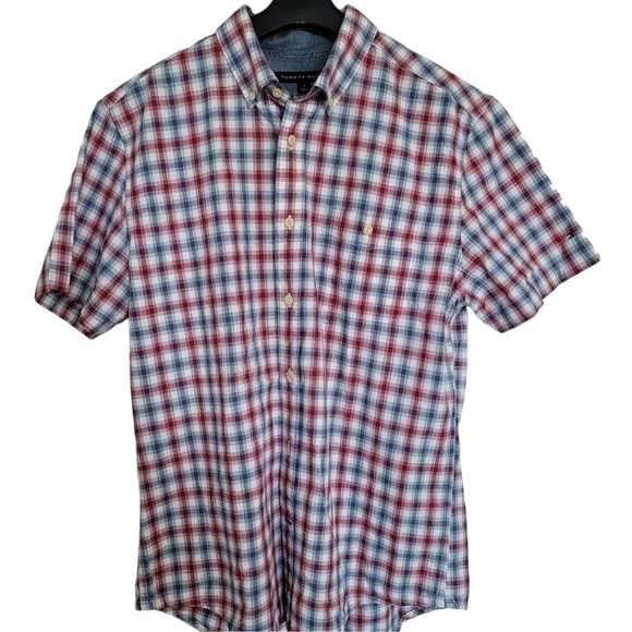 Tommy Hilfiger Wine red, Gray & White Plaid Button up Shirt  Short Sleeve Shirt - Picture 9 of 9